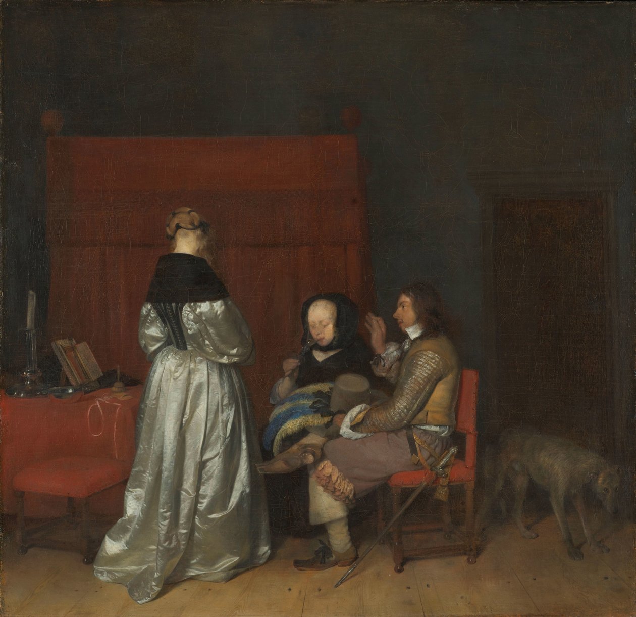 Galantní rozhovor, známý jako „otcovské napomenutí“ Interiér se třemi postavami, které spolu mluví; známý jako ‚otcovské napomenutí‘ od Gerard ter Borch (II)