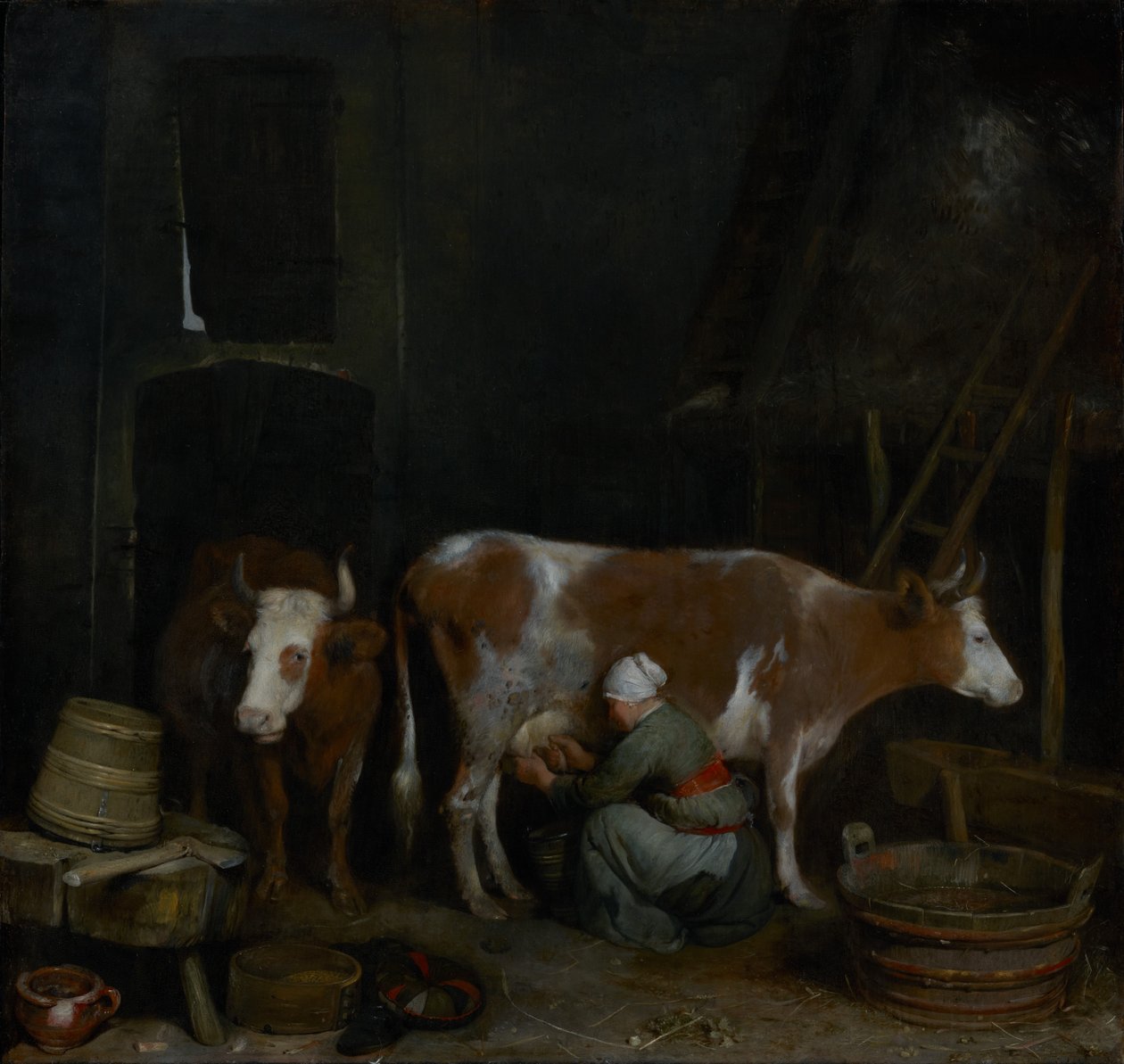 Služka dojící krávu ve stodole od Gerard ter Borch