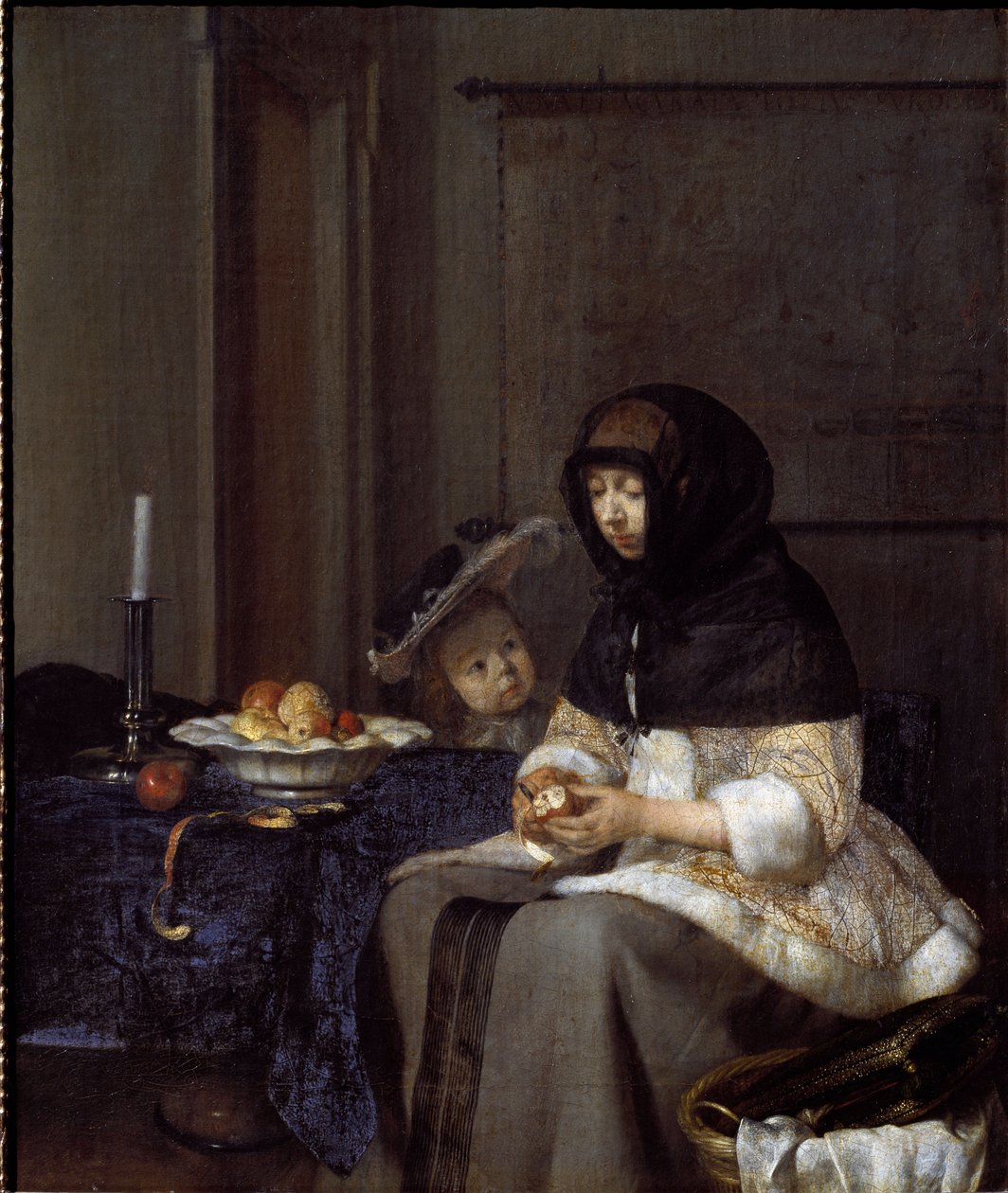 Matka, která loupe jablko (olej na plátně od Gerard ter Borch