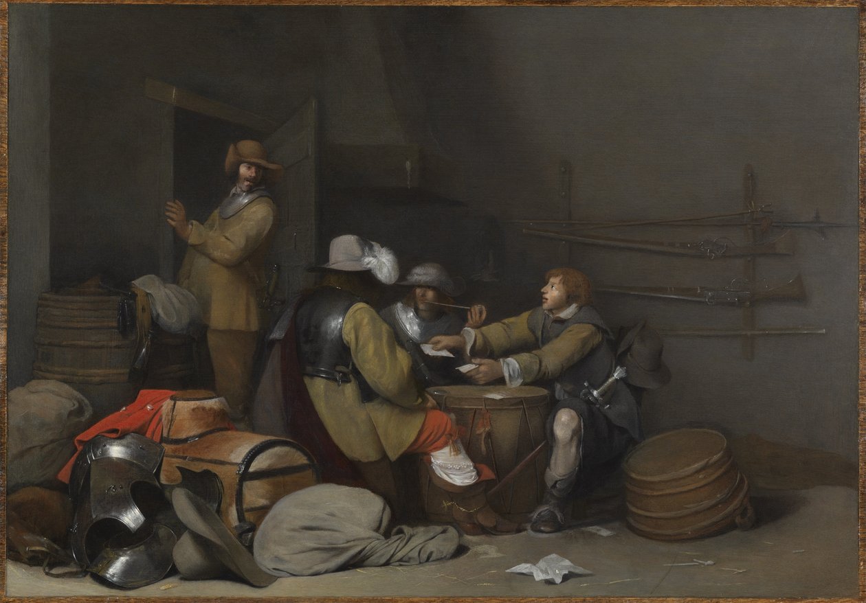 Interiér strážnice s vojáky, kteří kouří a hrají karty od Gerard ter Borch