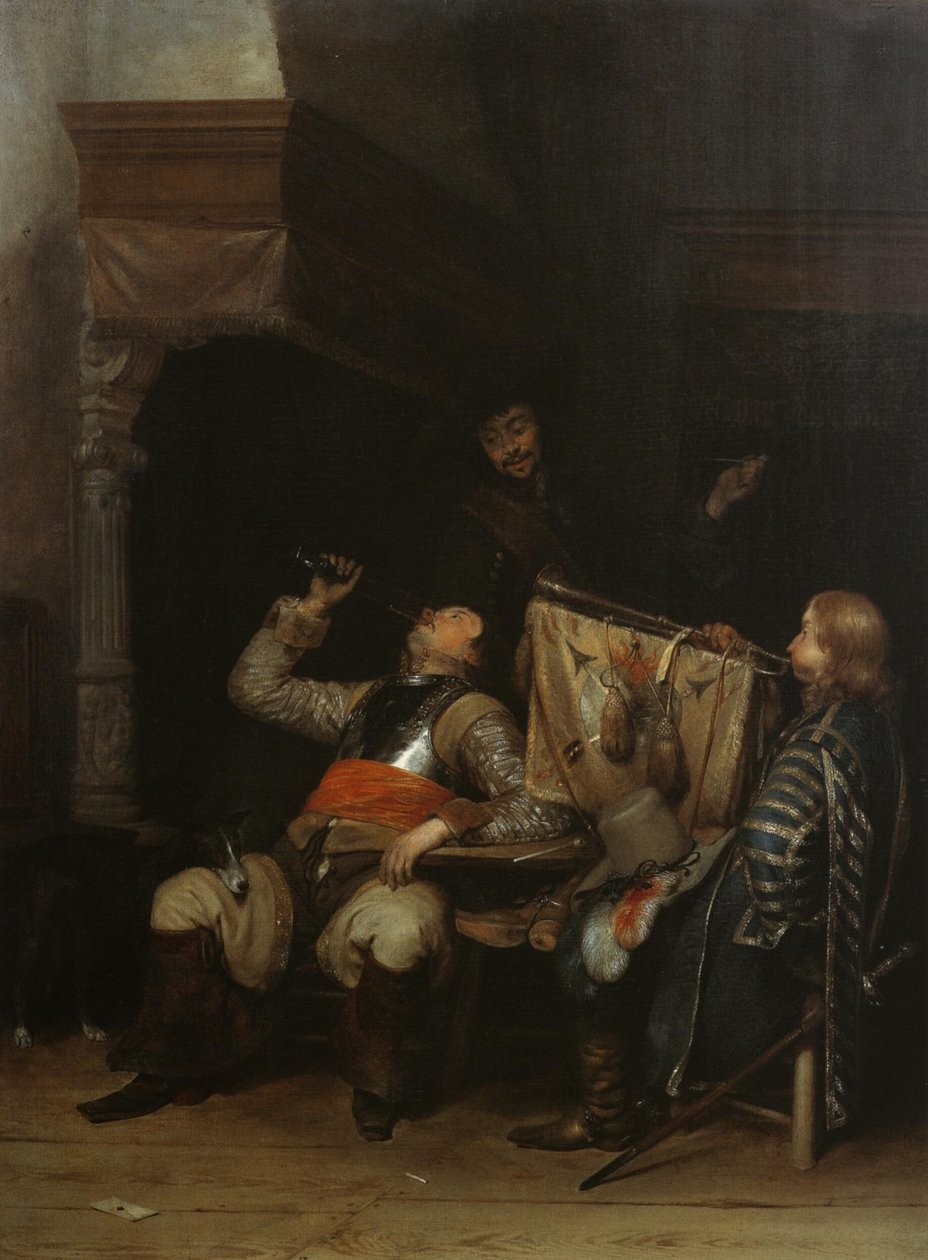 Vojáci popíjejí, kouří a hrají hudbu v interiéru od Gerard ter Borch