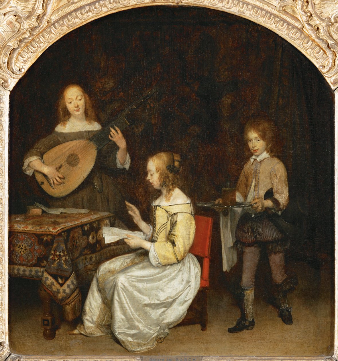 Koncert: zpěvák a hráč na loutnu theorbu ... od Gerard ter Borch or Terborch