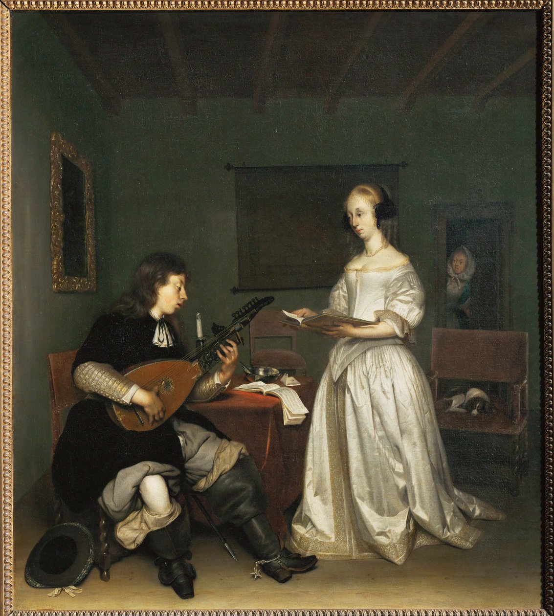 Duo: zpěvačka a hráč na loutnu theorbu ... od Gerard ter Borch or Terborch
