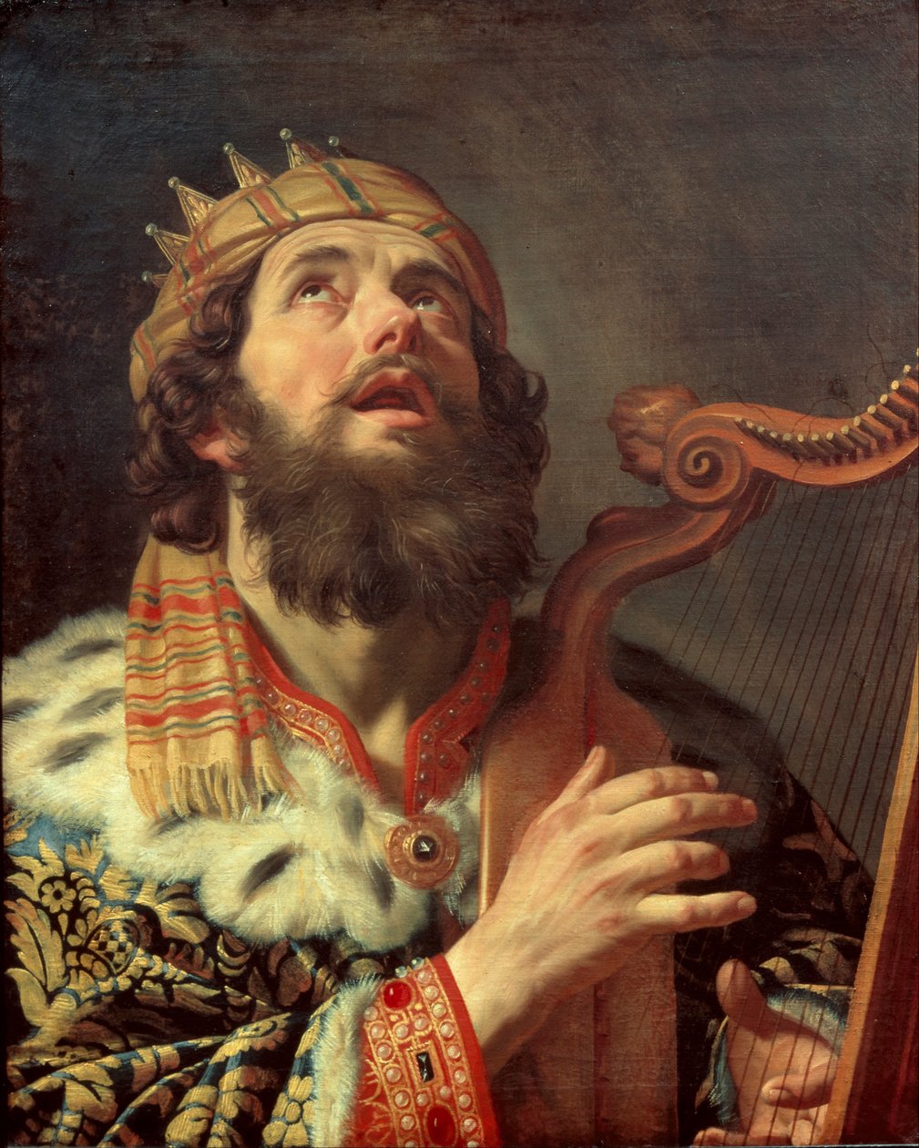 Nizozemsky: Harpspelende koning David Král David hraje na harfu od Gerard van Honthorst