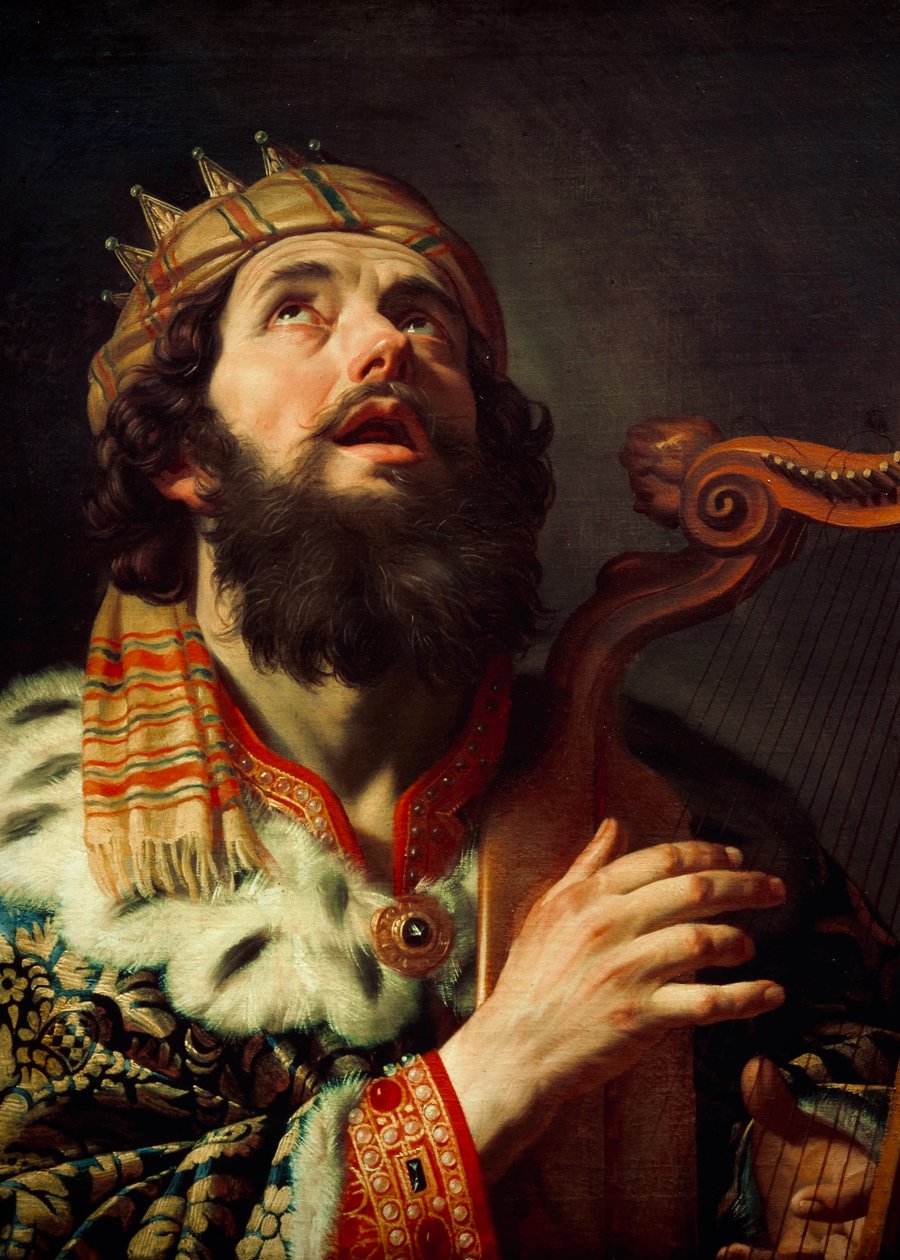 Nizozemsky: Harpspelende koning David Král David hraje na harfu od Gerard van Honthorst