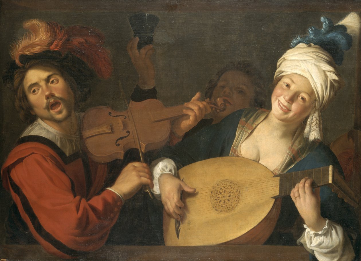 Francouzština:  Le Concert Pár muzicíruje za zábradlím od Gerard van Honthorst