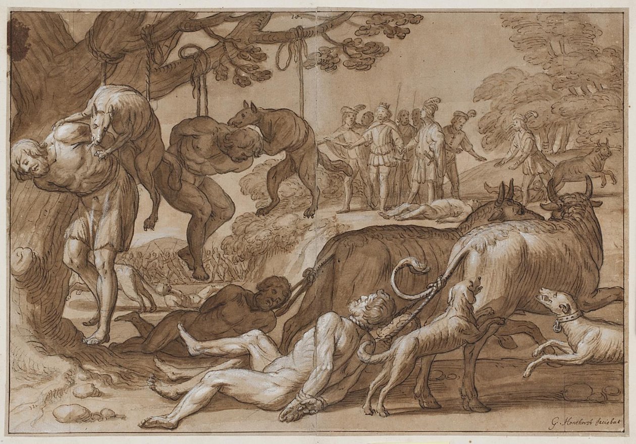 Král Jarmeric podrobuje zajatého Wendse mučení od Gerard van Honthorst