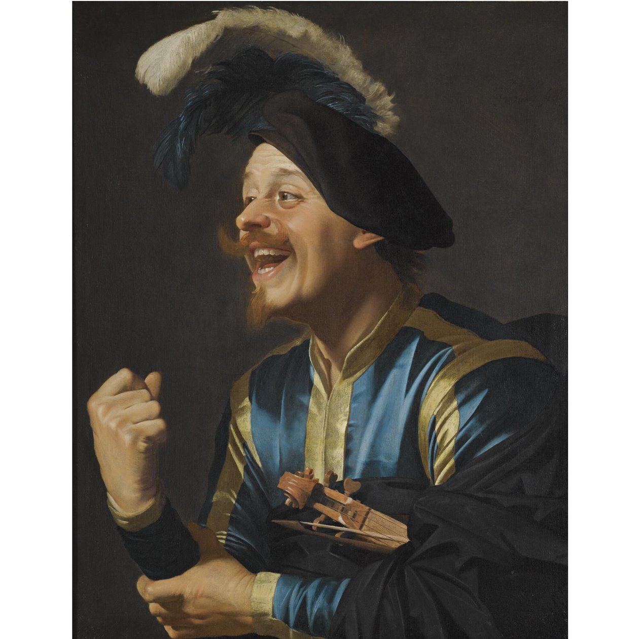 Rozesmátý hudebník s houslemi pod paží od Gerard van Honthorst