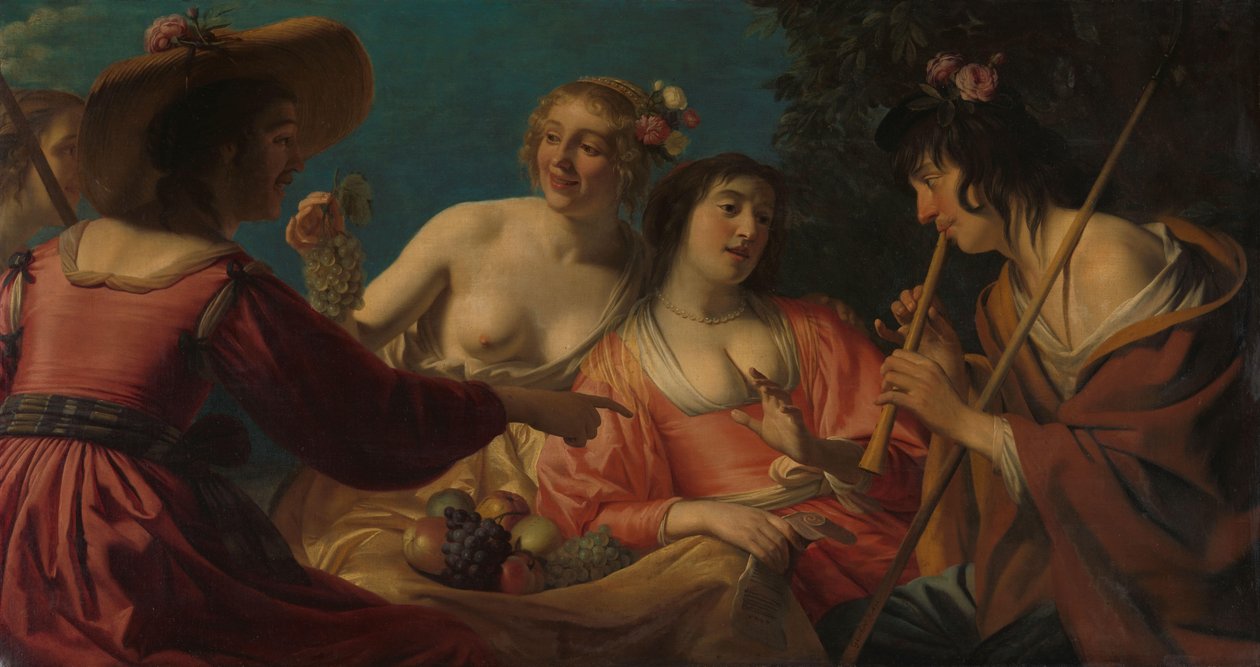 Pastýř hrající na flétnu a čtyři pastýřky Pastýř hrající na flétnu a čtyři nymfy od Gerard van Honthorst