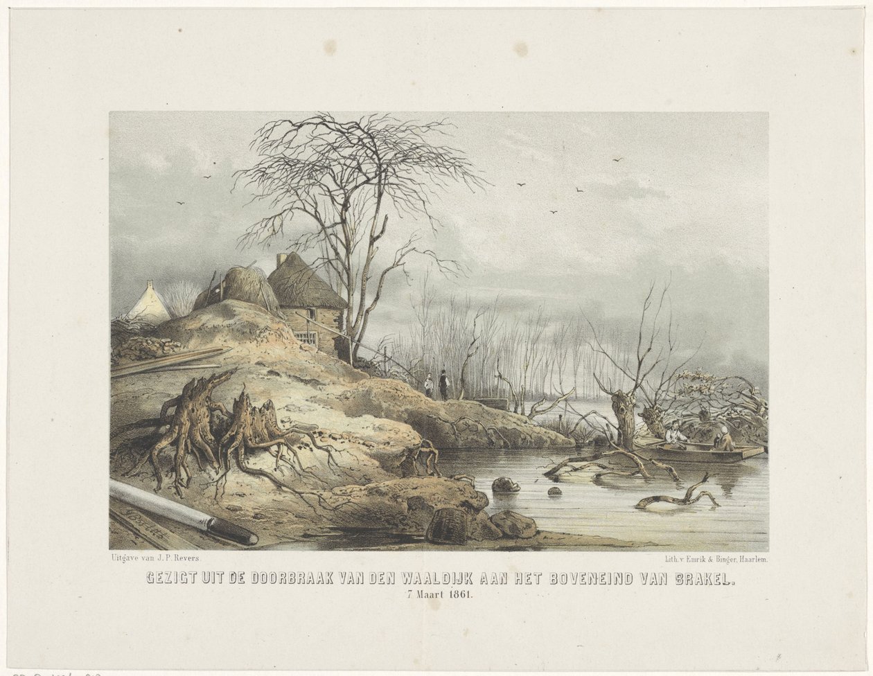 Průlom Waaldijku Pohled na průlom den Waaldijk na vrcholu Brakel 7. března 1801 (název na objektu) od Gerardus Johannes Bos