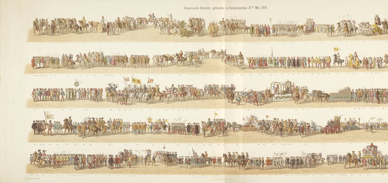 Historický průvod, který se konal v Rotterdamu dne 21. května 1874 (název na předmětu) od Gerardus Johannes Bos