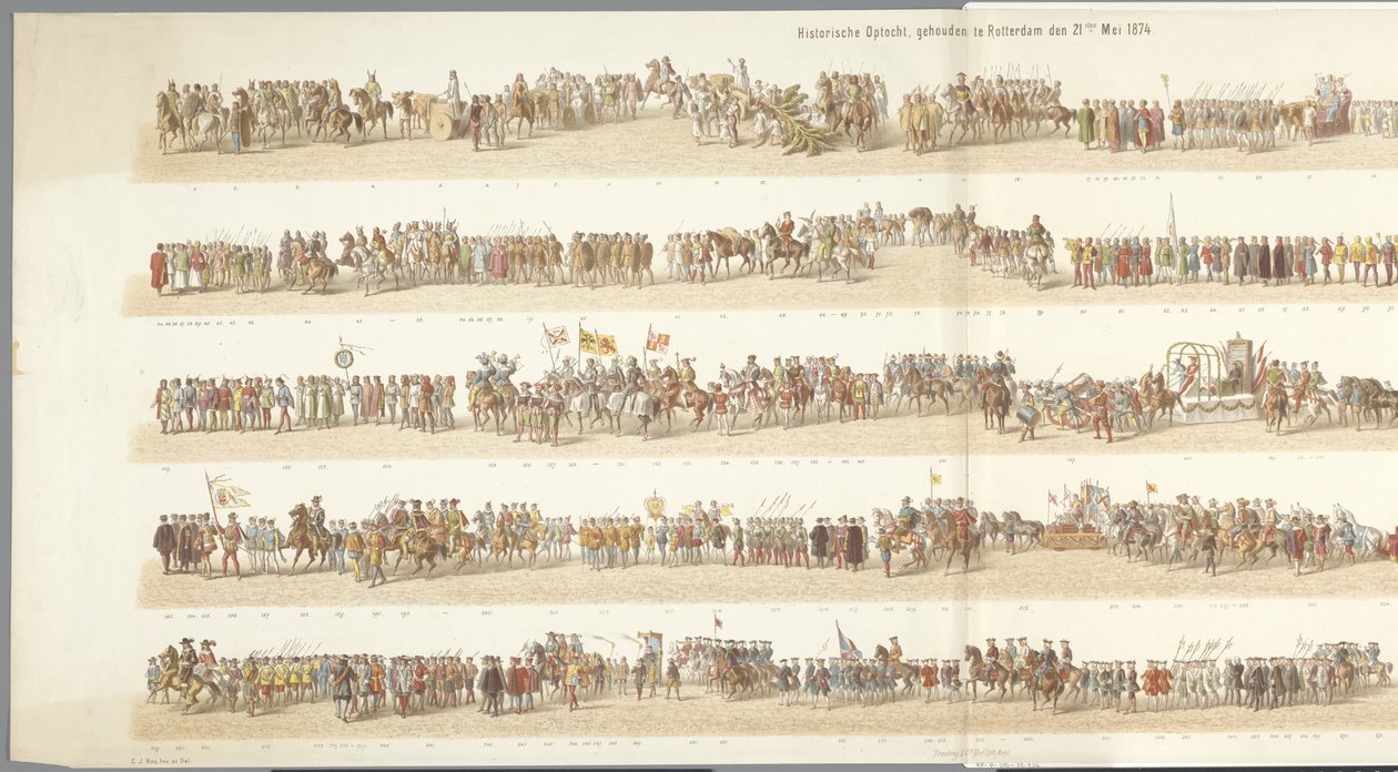 Historická přehlídka v Rotterdamu Historický průvod, který se konal v Rotterdamu 21. května 1874 (název na předmětu) od Gerardus Johannes Bos