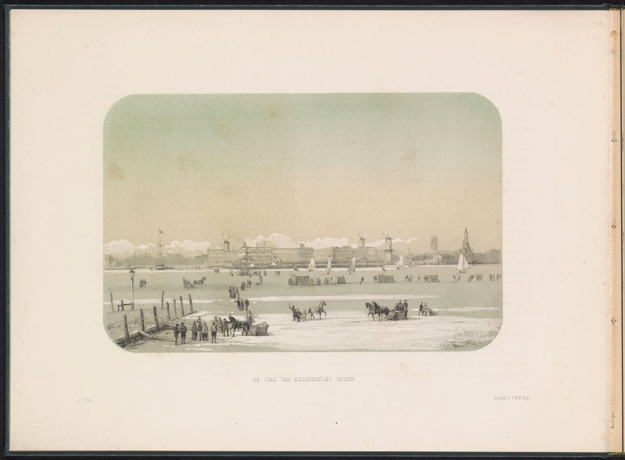 Ledová zábava na Maas v Rotterdamu, při pohledu z Katendrechtu, 1855 Viděné město Katendrecht (název na objektu) Ledová zábava na Maas v Rotterdamu v únoru 1855 s titulky (název série na objektu) od Gerardus Johannes Bos