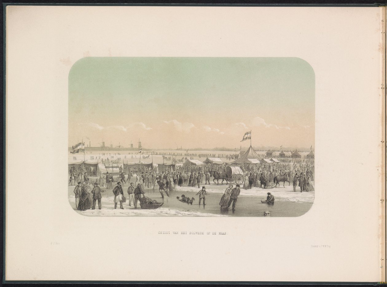 Ledová zábava na Maas v Rotterdamu, pohled z pevnosti, 1855 Pohled na pevnost na Maas (název na objektu) Ledová zábava na Maas v Rotterdamu v únoru 1855 s titulky (název série na objektu) od Gerardus Johannes Bos