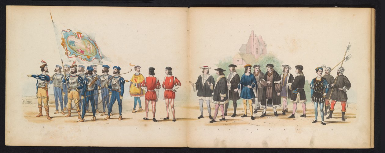 Maškaráda leidenských studentů, 1855 (deska 2) Kostýmovaný průvod členů leidenského studentského sboru 12. června 1855 na oslavu 280. výročí Leidsche Hoogeschool, zobrazující vstup Karla V. od Gerardus Johannes Bos