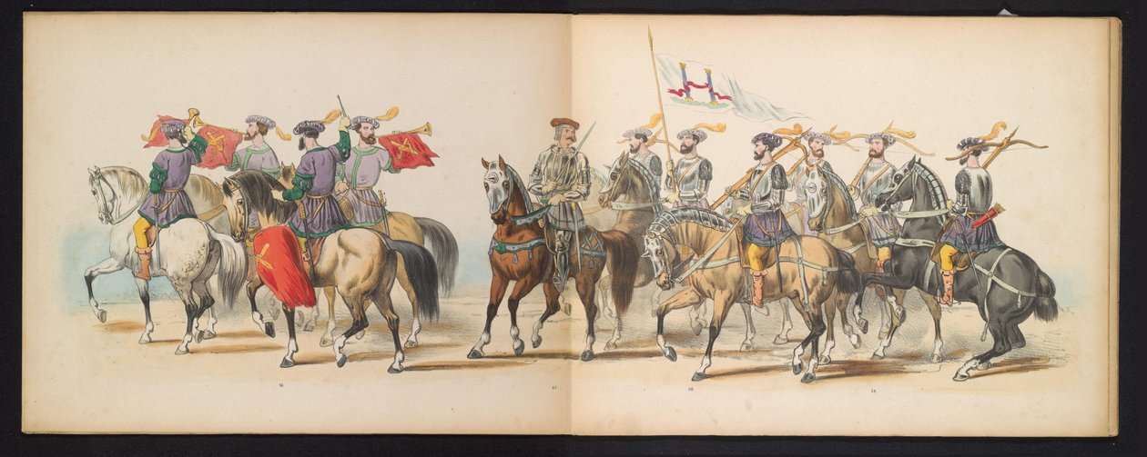 Maškaráda leidenských studentů, 1855 (deska 6) Kostýmovaný průvod členů leidenského studentského sboru 12. června 1855 na oslavu 280. výročí Leidsche Hoogeschool, zobrazující vstup Karla V. do od Gerardus Johannes Bos