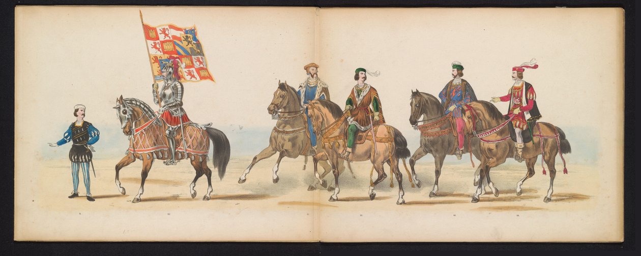 Maškaráda leidenských studentů, 1855 (deska 7) Kostýmovaný průvod členů leidenského studentského sboru 12. června 1855 na oslavu 280. výročí Leidsche Hoogeschool, zobrazující vstup Karla V. do od Gerardus Johannes Bos