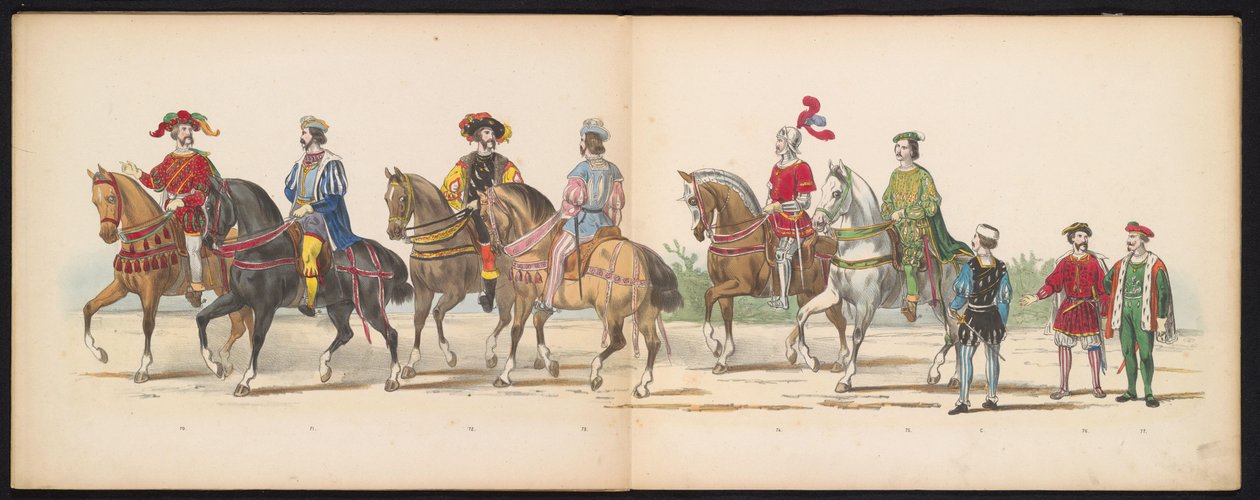 Maškaráda leidenských studentů, 1855 (deska 9) Kostýmovaný průvod členů leidenského studentského sboru 12. června 1855 na oslavu 280. výročí Leidsche Hoogeschool, zobrazující vstup Karla V. do od Gerardus Johannes Bos