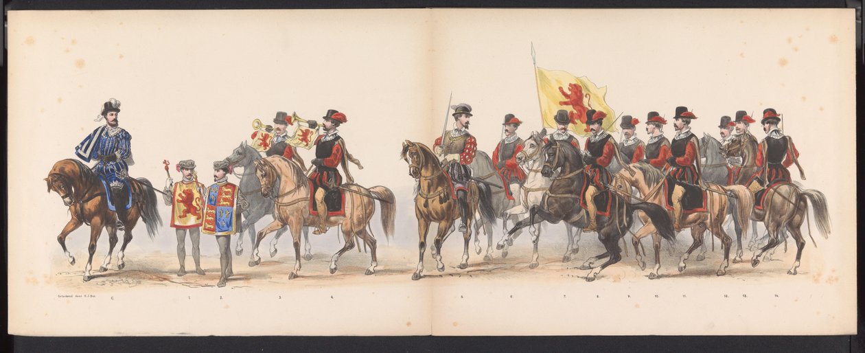 Maškaráda leidenských studentů, 1870 (deska 1) Kostýmovaný průvod pořádaný členy leidenského studentského sboru 7. června 1870 na oslavu 295. výročí Leidsche Hoogeschool, zobrazující návštěvu Leidenu v r. od Gerardus Johannes Bos