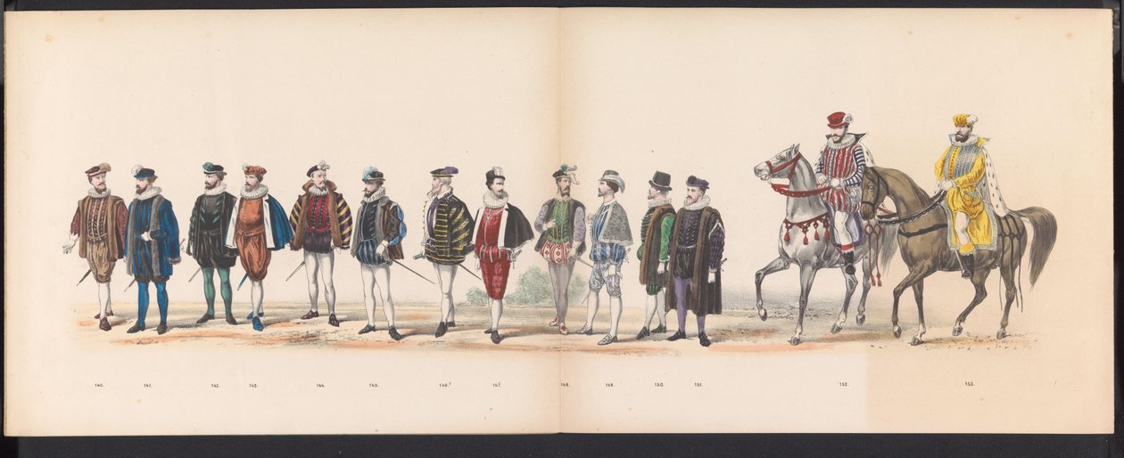 Maškaráda leidenských studentů, 1870 (deska 12) Kostýmovaný průvod pořádaný členy leidenského studentského sboru 7. června 1870 na oslavu 295. výročí Leidsche Hoogeschool, zobrazující návštěvu Leidenu v r. od Gerardus Johannes Bos