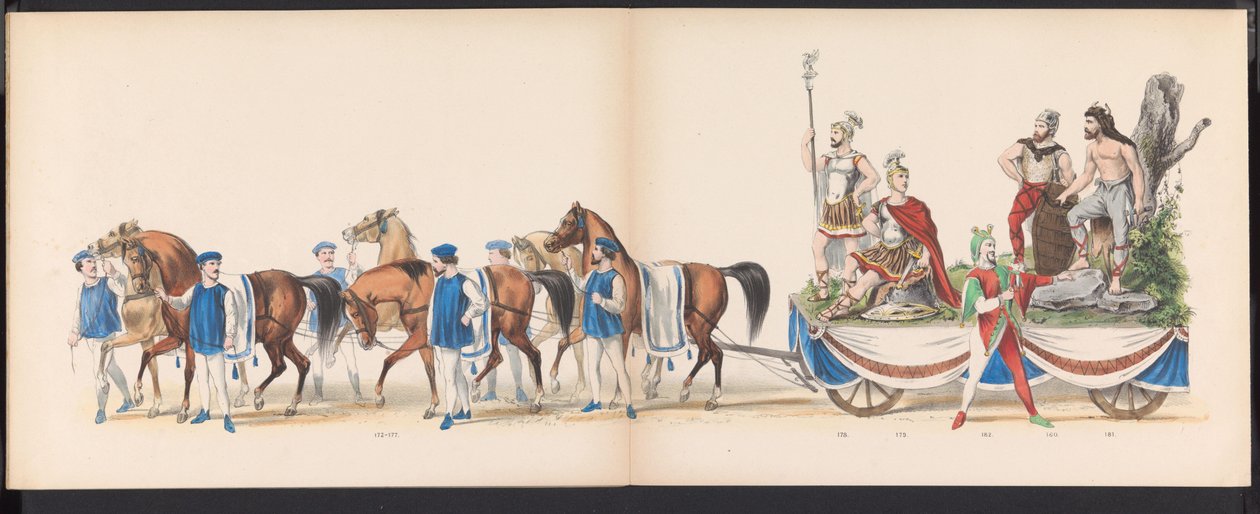 Maškaráda leidenských studentů, 1870 (deska 15) Kostýmovaný průvod pořádaný členy leidenského studentského sboru 7. června 1870 na oslavu 295. výročí Leidsche Hoogeschool, zobrazující návštěvu Leidenu v r. od Gerardus Johannes Bos