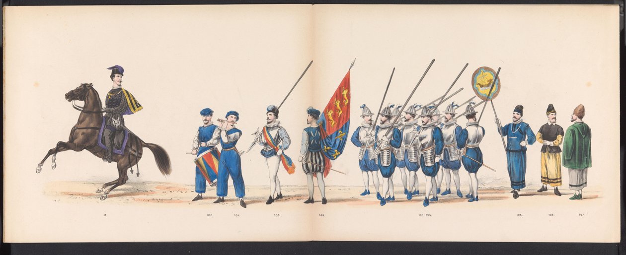 Maškaráda leidenských studentů, 1870 (deska 16) Kostýmovaný průvod pořádaný členy leidenského studentského sboru 7. června 1870 na oslavu 295. výročí Leidsche Hoogeschool, zobrazující návštěvu Leidenu v r. od Gerardus Johannes Bos
