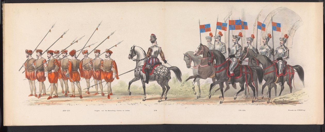 Maškaráda leidenských studentů, 1870 (deska 18) Kostýmovaný průvod pořádaný členy leidenského studentského sboru 7. června 1870 na oslavu 295. výročí Leidsche Hoogeschool, zobrazující návštěvu Leidenu v r. od Gerardus Johannes Bos
