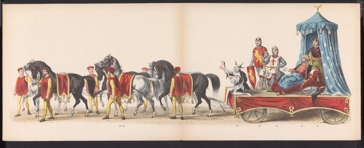 Maškaráda leidenských studentů, 1870 (deska 3) Kostýmovaný průvod pořádaný členy leidenského studentského sboru 7. června 1870 na oslavu 295. výročí Leidsche Hoogeschool, zobrazující návštěvu Leidenu v r. od Gerardus Johannes Bos