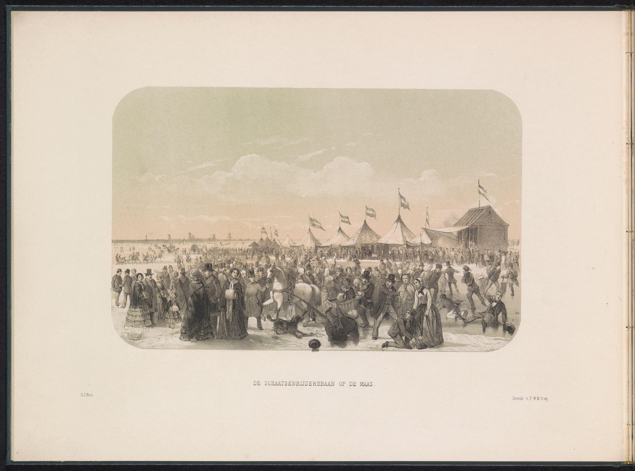 Bruslení na Maas v Rotterdamu, 1855 Kluziště na Maas (název na objektu) Ledová zábava na Maas v Rotterdamu v únoru 1855 s titulky (název série na objektu) od Gerardus Johannes Bos