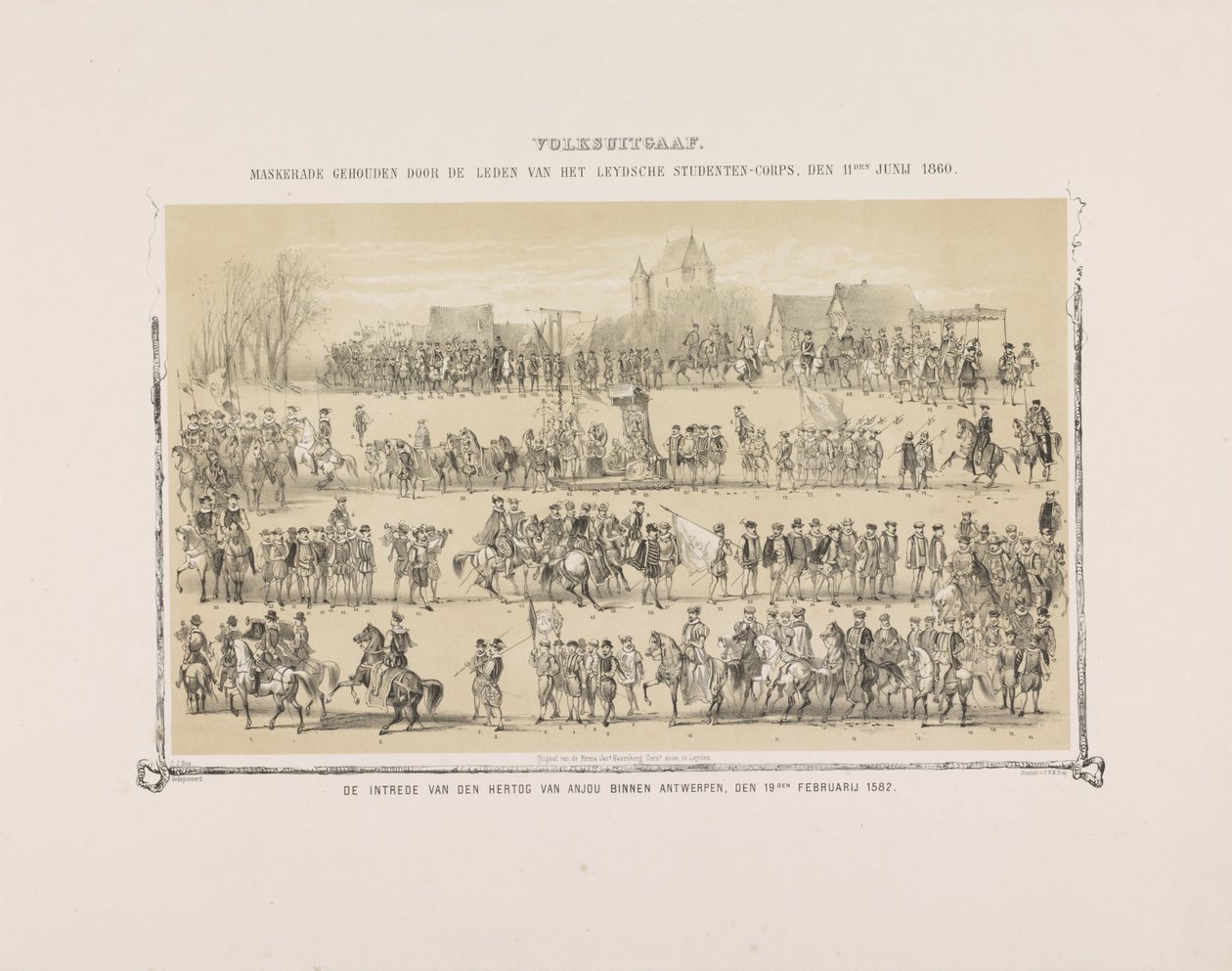 Lidová edice. Maškaráda pořádaná členy Leydsche Studenten-Corps, 11. června 1860. Vstup vévody z Anjou do Antverp, 19. února 1582. (název na předmětu) od Gerardus Johannes Bos
