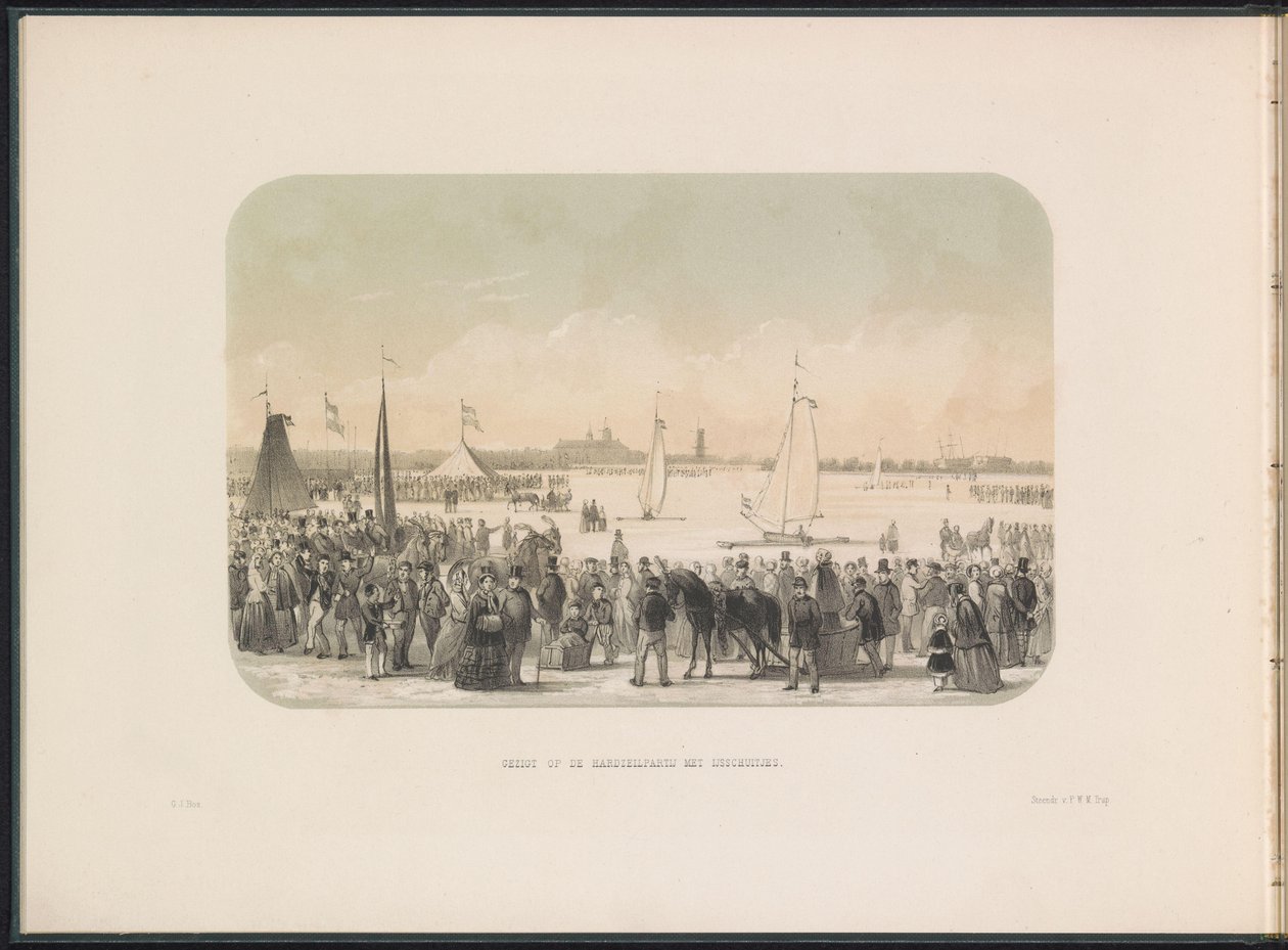Soutěž o ledové plachetnice na Maas v Rotterdamu, 1855 Pohled na hardsail party s ledovými čluny (název na objektu) Ledová zábava na Maas v Rotterdamu v únoru 1855 s titulky (název série na objektu) od Gerardus Johannes Bos