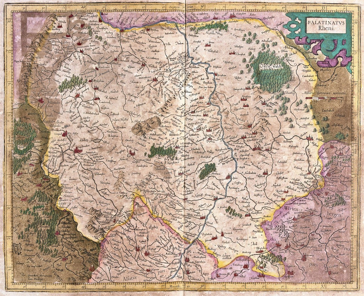 Bavorský region a řeka Dunaj, Německo (rytina od Gerardus Mercator