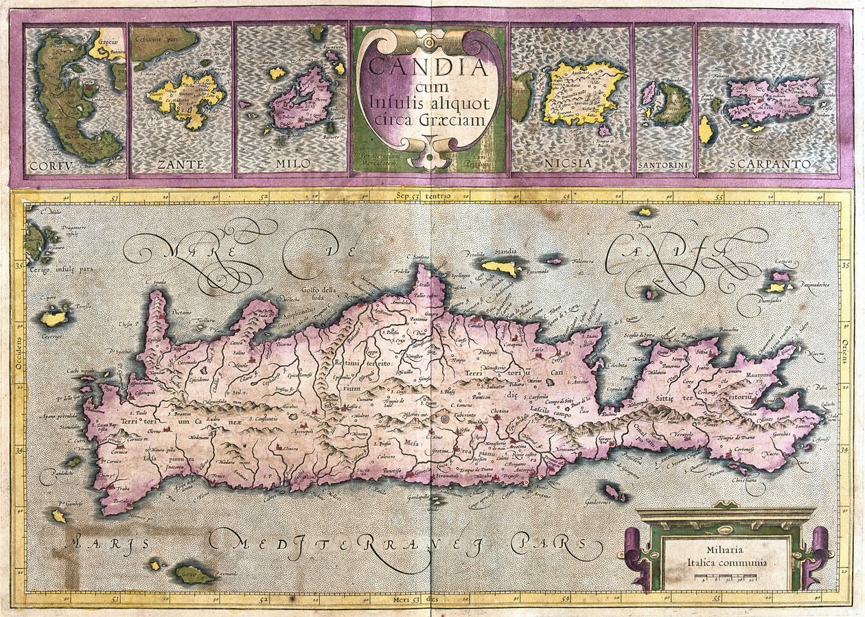 Ostrovy Kypr a Řecko (Korfu, Janante, Milo, Santorini, Carpotosh) (rytina) od Gerardus Mercator