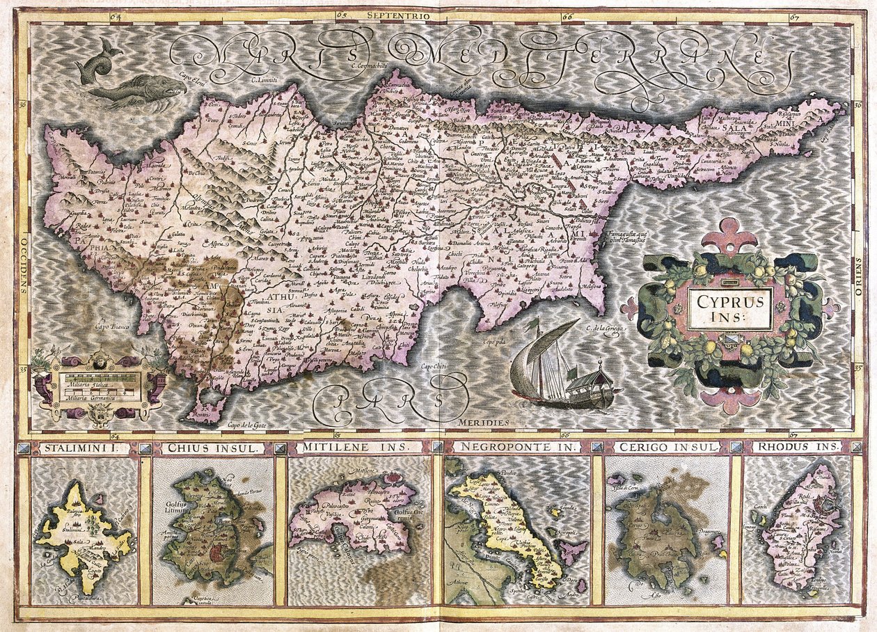 Kypr a ostrovy Stalimini (Lemnos) Chios, Mitilene, Negroponte, Cerigo a Rhodus (rytina od Gerardus Mercator