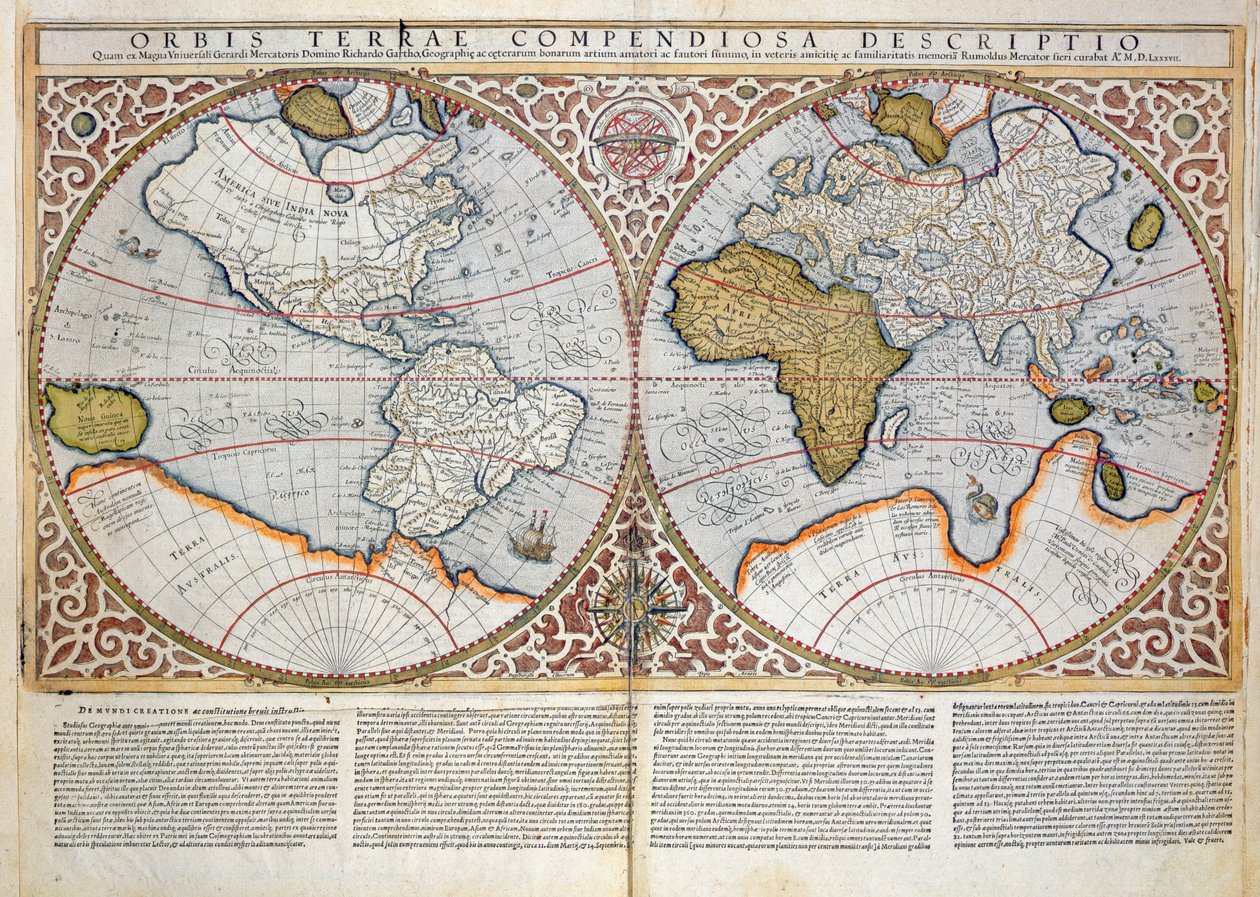 Mapa světa s dvojitou polokoulí, 1587 od Gerardus Mercator