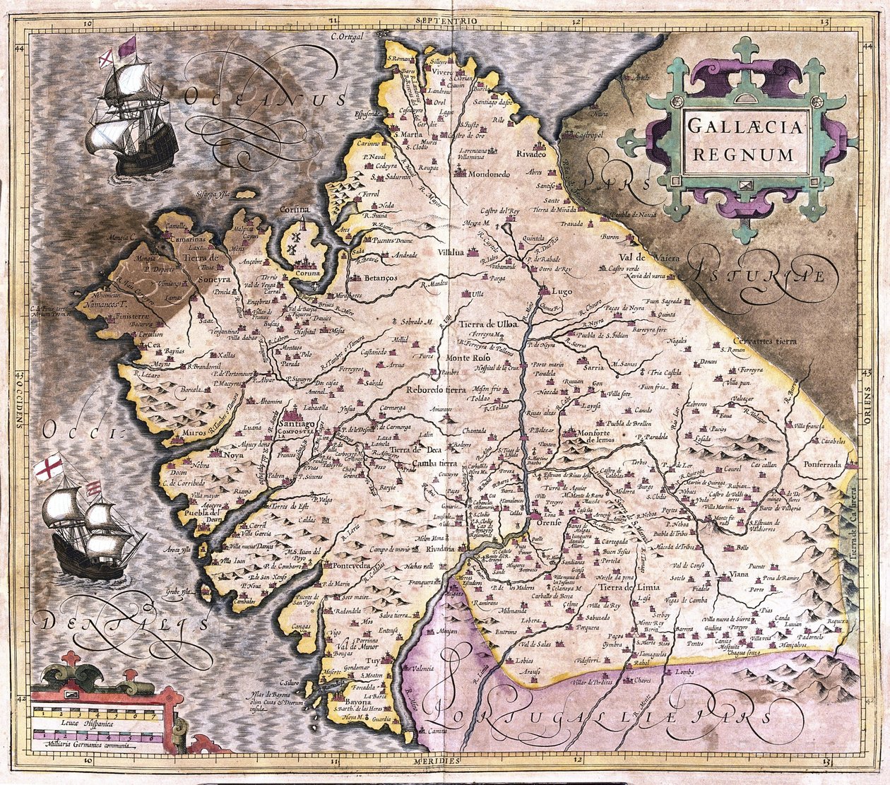 Galicia, Santiago de Compostela, Monforte de Lemos, severozápadní Španělsko (rytina od Gerardus Mercator