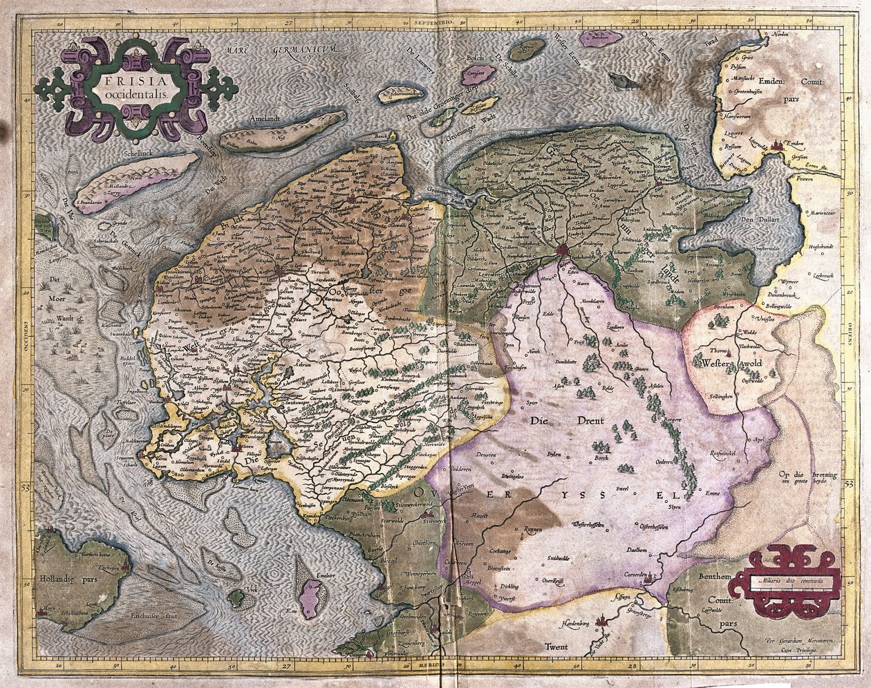 Groningen a Friesland, Nizozemsko (rytina od Gerardus Mercator