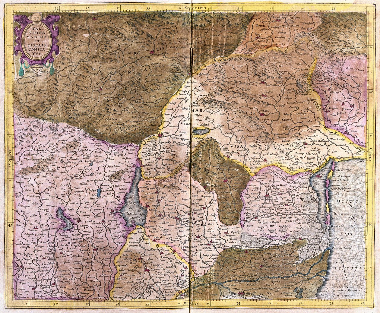 Benátského zálivu do Tyrolska, se středem na Lago di Garda a Verona, Itálie (rytina od Gerardus Mercator