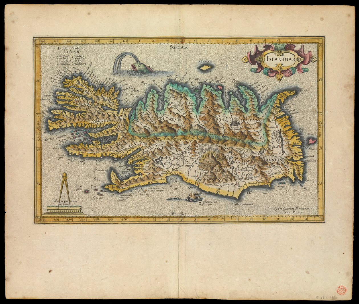 Islandia, Per Gerardum Mercatorem cum privilegio, asi 1595 (tuš, akvarel, rytina, papír) od Gerardus Mercator