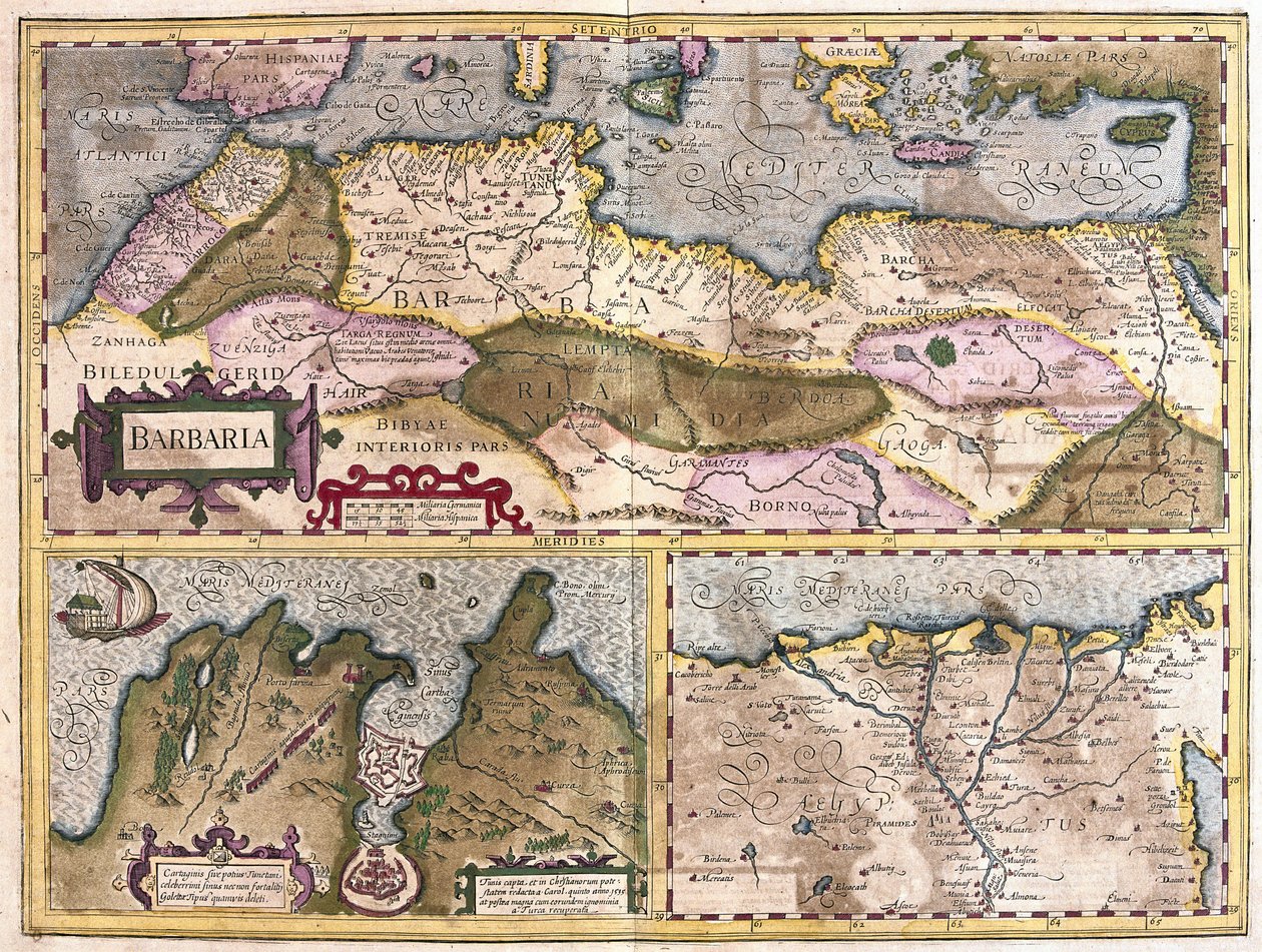 Severní Afrika s obléháním Tunisu a delty Nilu (rytina od Gerardus Mercator
