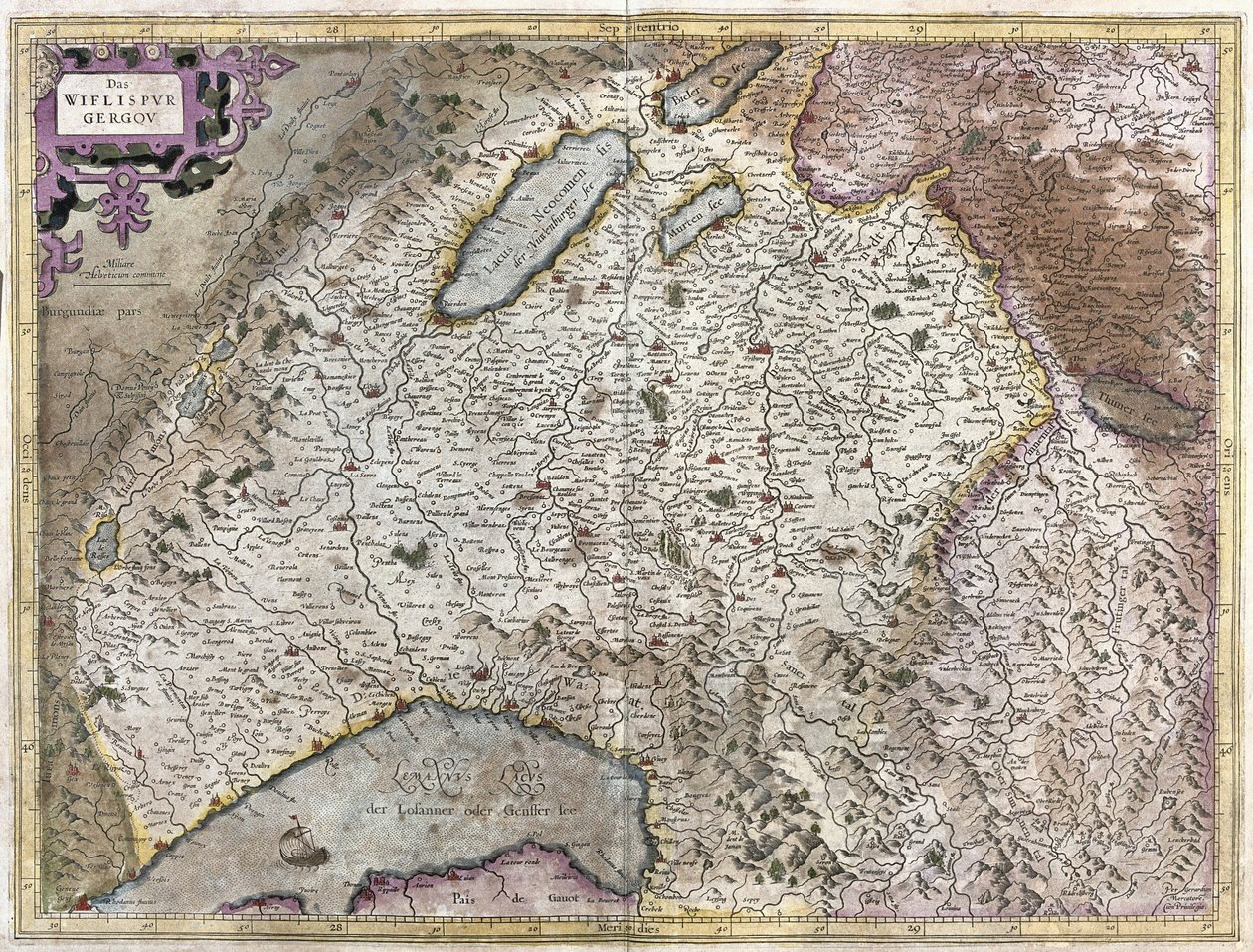 Severovýchodně od Ženevy, Švýcarsko (rytina od Gerardus Mercator