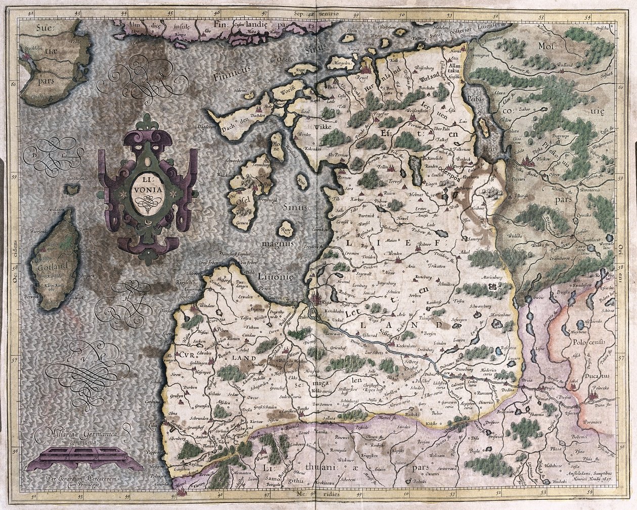 Oblast severního Baltského moře, Riga, Lotyšsko (rytina od Gerardus Mercator