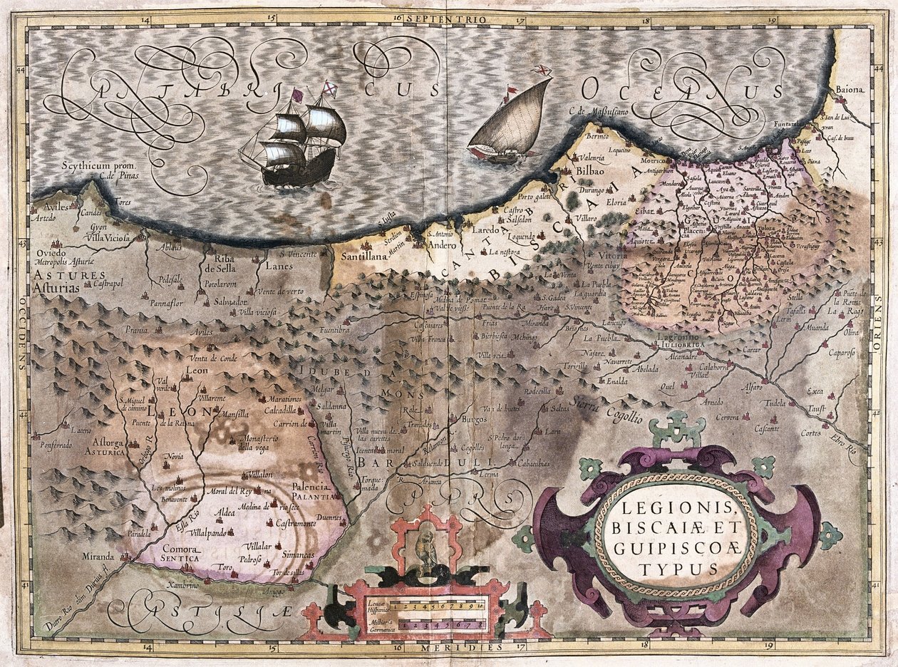 Oviedo, Burgos, Bilbao, Bayonne (Asturias), Španělsko (rytina od Gerardus Mercator