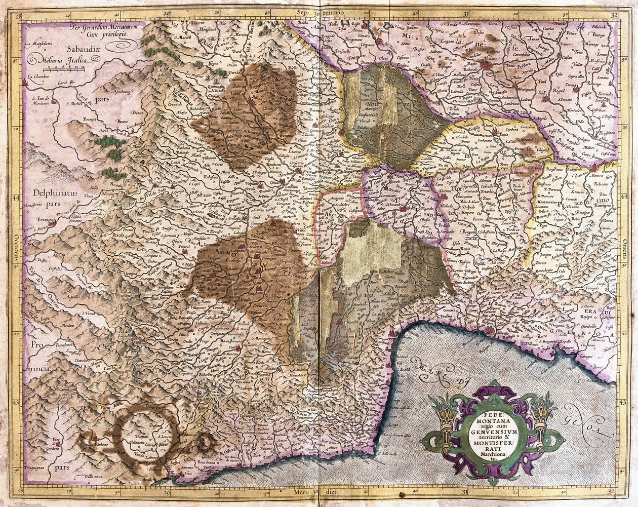 Piemond, Janov a Montserrat (rytina od Gerardus Mercator