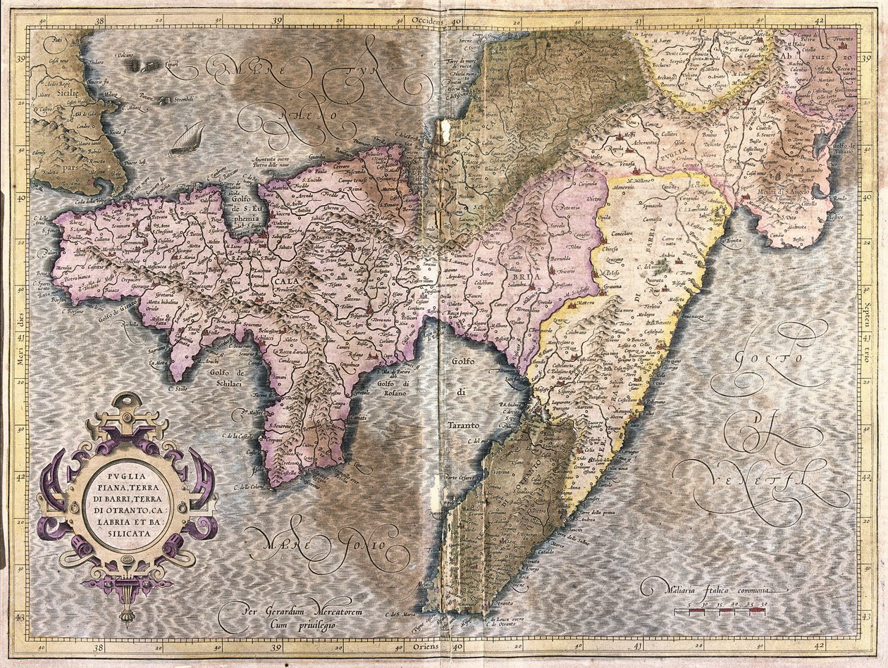 Puglia, Calabria a Basilicata, Itálie (rytina od Gerardus Mercator