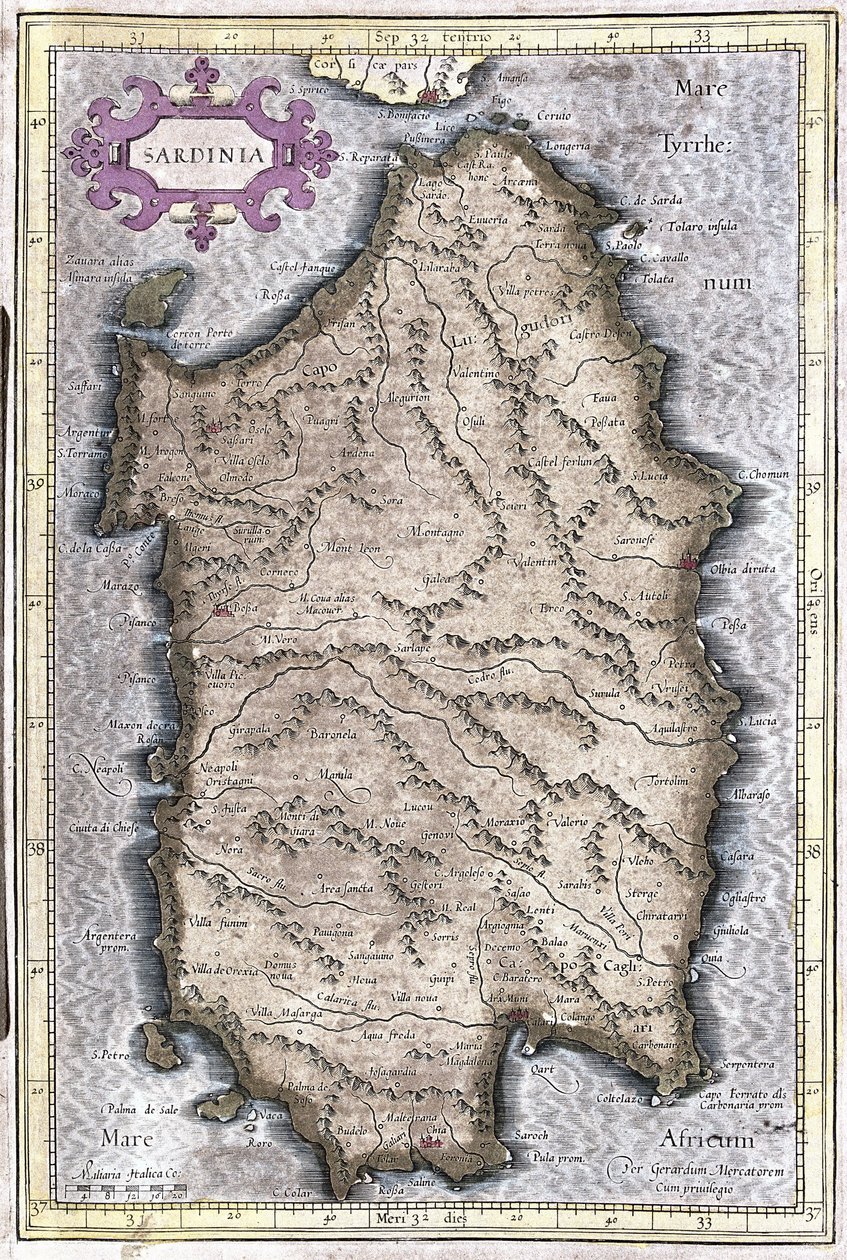 Sardinie, Itálie (rytina od Gerardus Mercator
