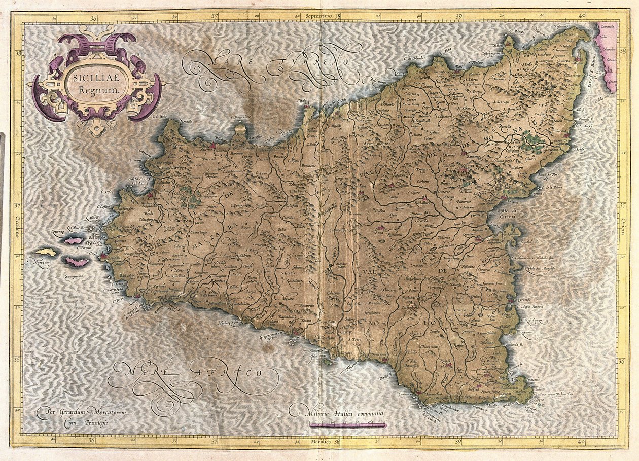 Sicílie, Itálie (rytina od Gerardus Mercator