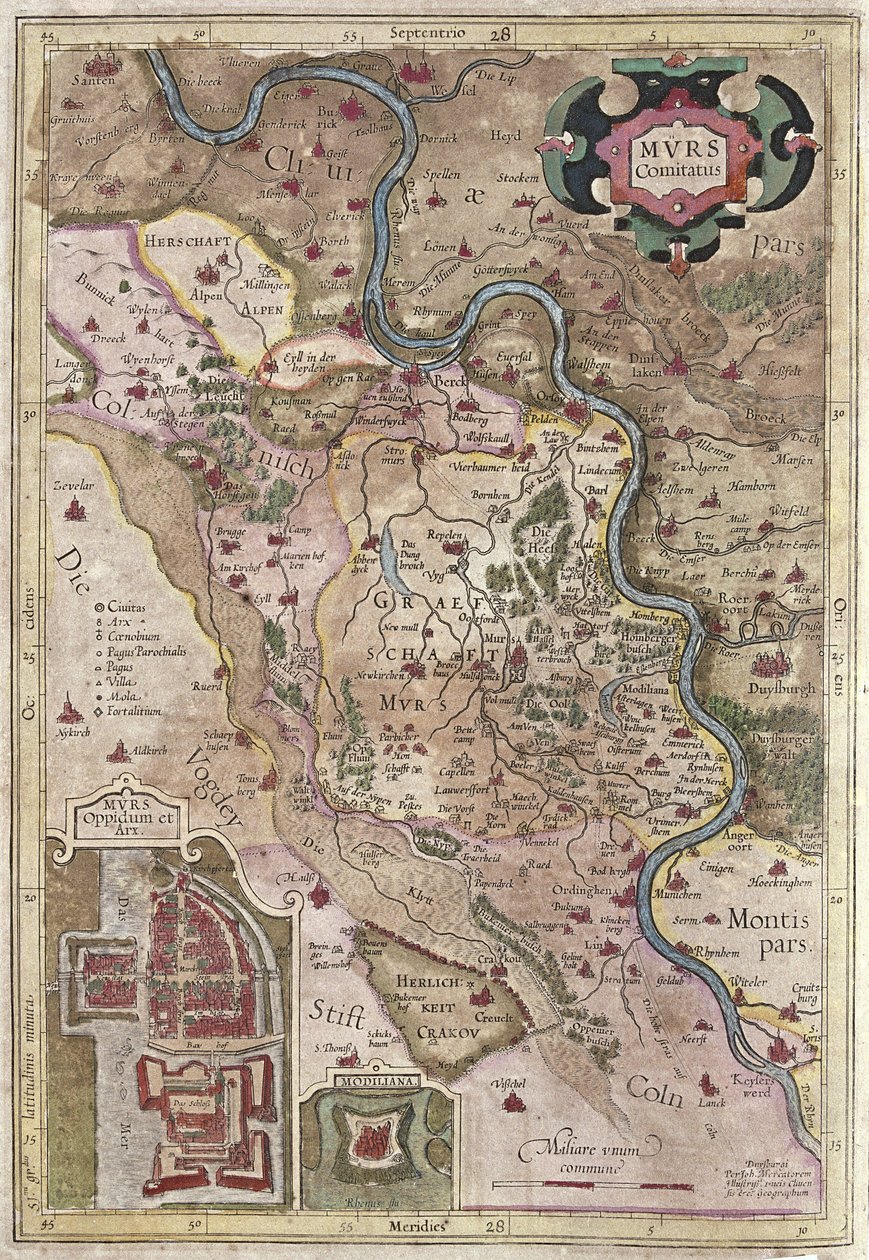 Tok řeky Rýn ve Vestfálsku, Německo (rytina od Gerardus Mercator