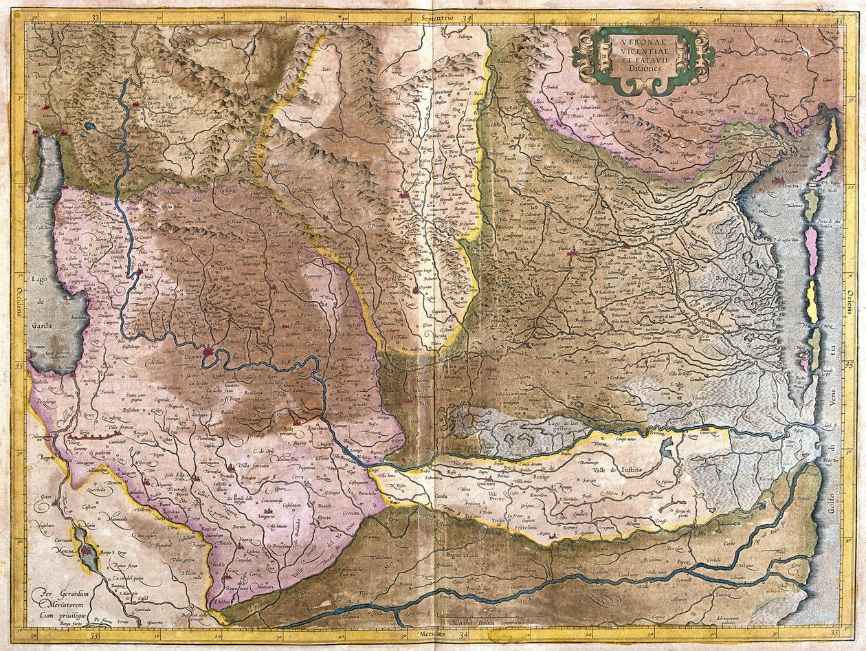 Verona, Vicenza a Padova, Itálie (rytina od Gerardus Mercator