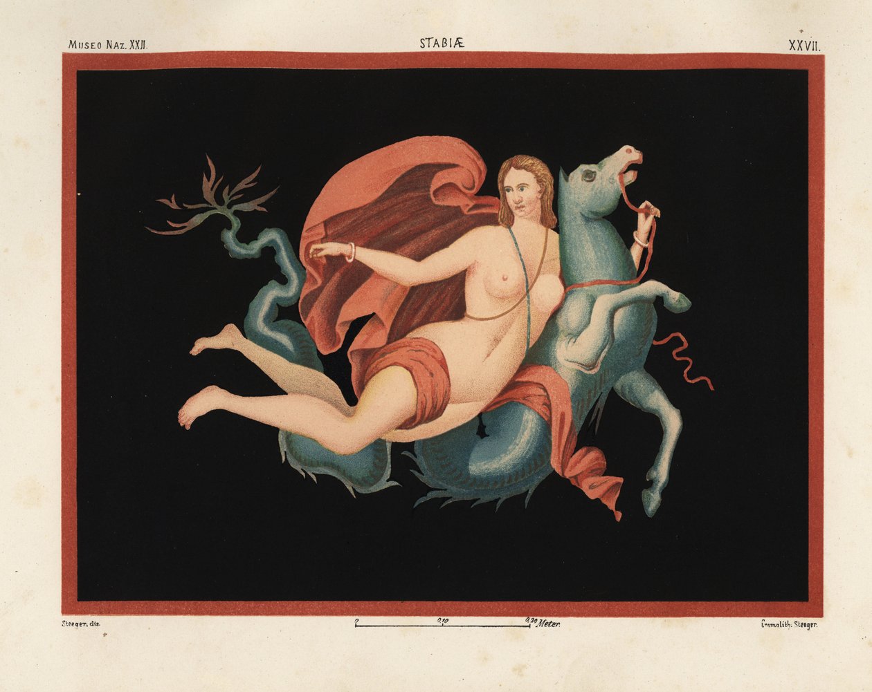 Nereid (mořská nymfa) v plášti a náramcích jedoucí na mořské příšeře nebo hippocampu, napůl koně a napůl ryby. Museo Naz. XXII, Stabiae. Kreslil a chromolitografoval Victor Steeger z Emile Presuhna (1844-1878) Nejkrásnější obrazy Pompejí, od Geremia Discanno